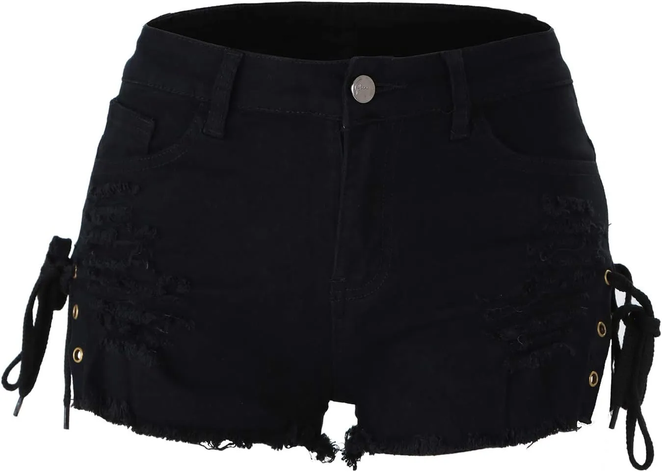 chouyatou Women's High Waist Perfect Butt-Lifting Destroyed Hole Fringed Denim Short Drawstring Slit