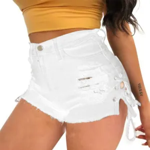 chouyatou Women's High Waist Perfect Butt-Lifting Destroyed Hole Fringed Denim Short Drawstring Slit