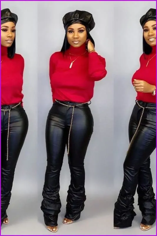 Classic Solid Stacked Leather PantsDE914