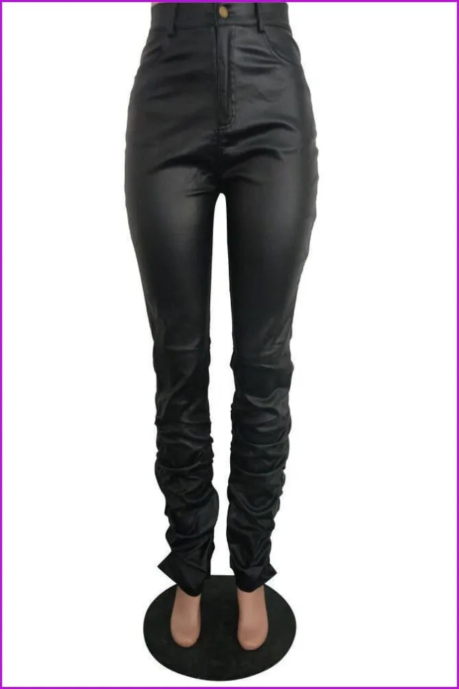 Classic Solid Stacked Leather PantsDE914