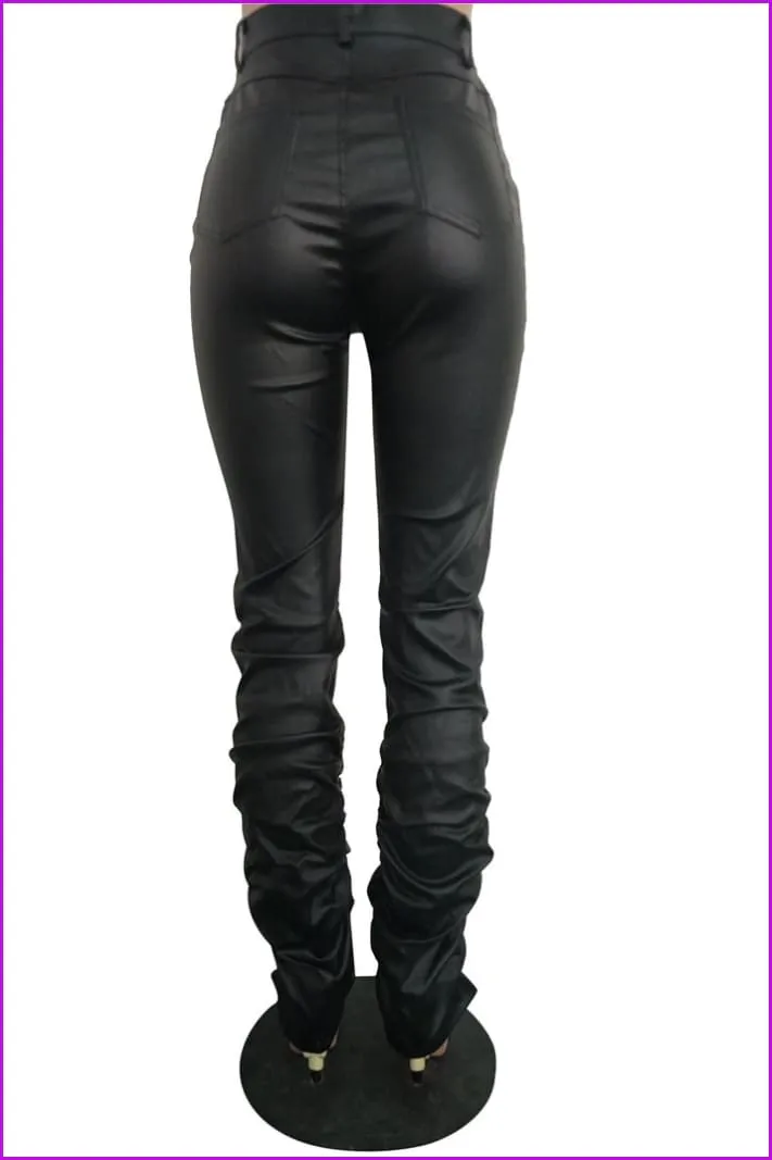 Classic Solid Stacked Leather PantsDE914