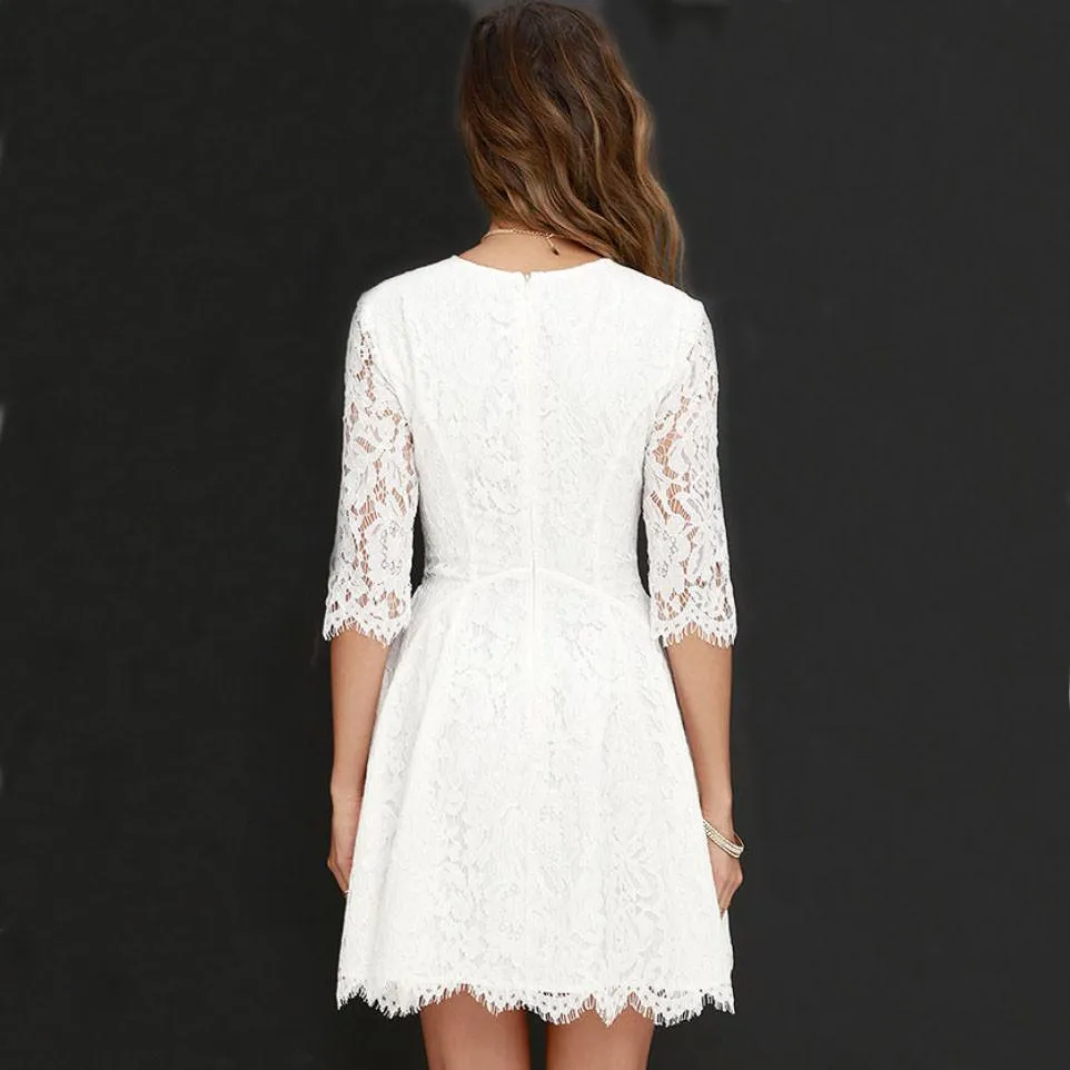 Clearance Pure Color Lace Scoop Half Sleeves Short Dress