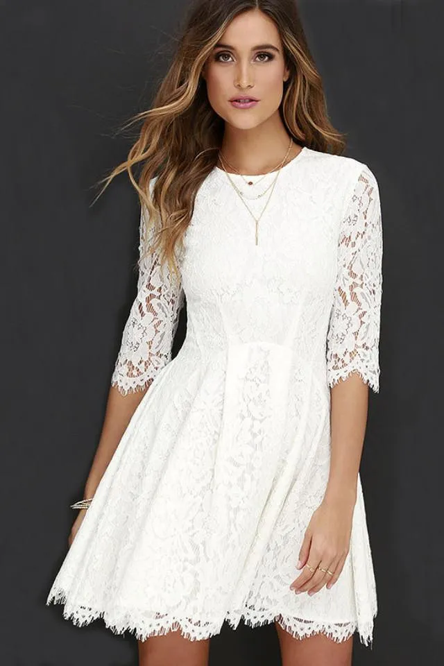 Clearance Pure Color Lace Scoop Half Sleeves Short Dress