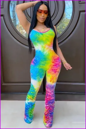 Colorful Dyeing Pleated Bottom Strap Skinny JumpsuitDE952