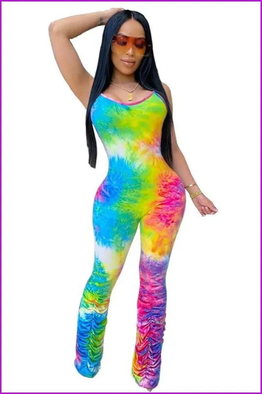 Colorful Dyeing Pleated Bottom Strap Skinny JumpsuitDE952