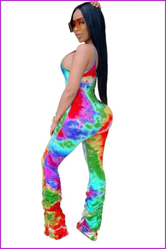 Colorful Tie Dye Ruched Bottom Sleeveless Jumpsuit F784
