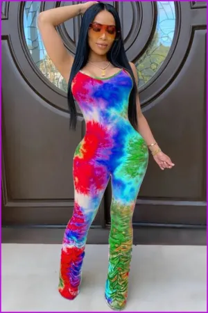 Colorful Tie Dye Ruched Bottom Sleeveless Jumpsuit F784