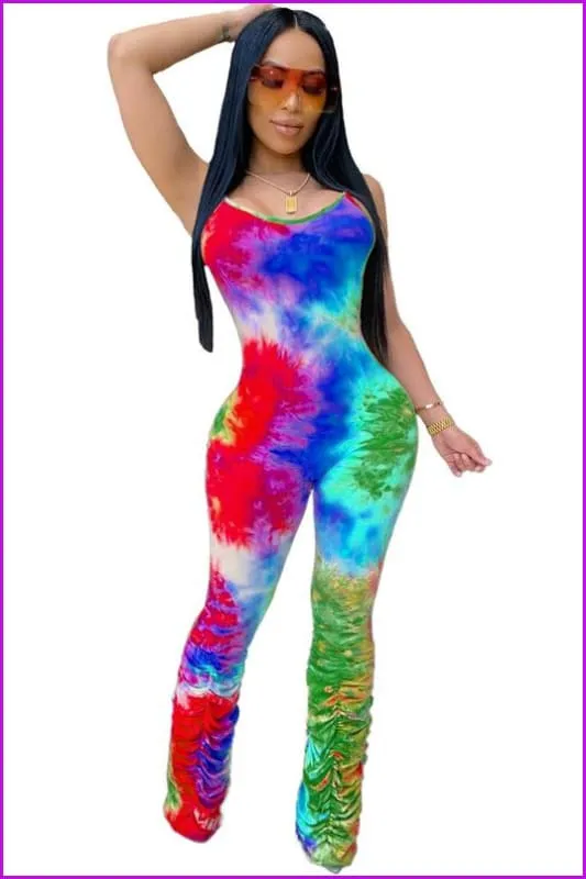 Colorful Tie Dye Ruched Bottom Sleeveless Jumpsuit F784