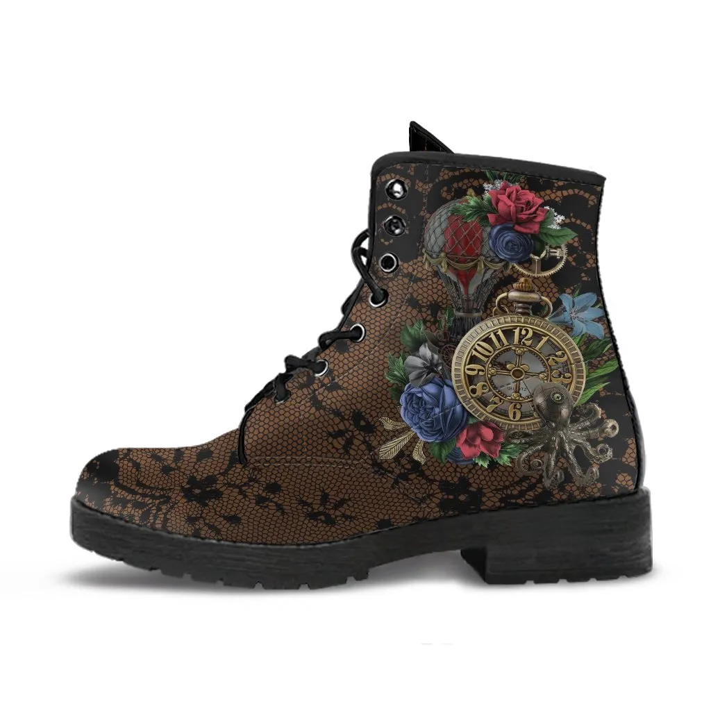 Combat Boots - Steampunk Inspired Design #13 with Black Lace Print | Brown Lace Up Boots, Women's Boots, Custom Shoes, Vegan Shoes