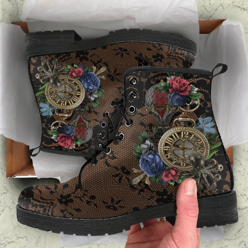 Combat Boots - Steampunk Inspired Design #13 with Black Lace Print | Brown Lace Up Boots, Women's Boots, Custom Shoes, Vegan Shoes