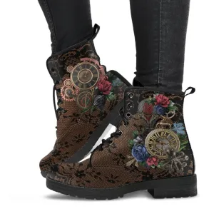 Combat Boots - Steampunk Inspired Design #13 with Black Lace Print | Brown Lace Up Boots, Women's Boots, Custom Shoes, Vegan Shoes