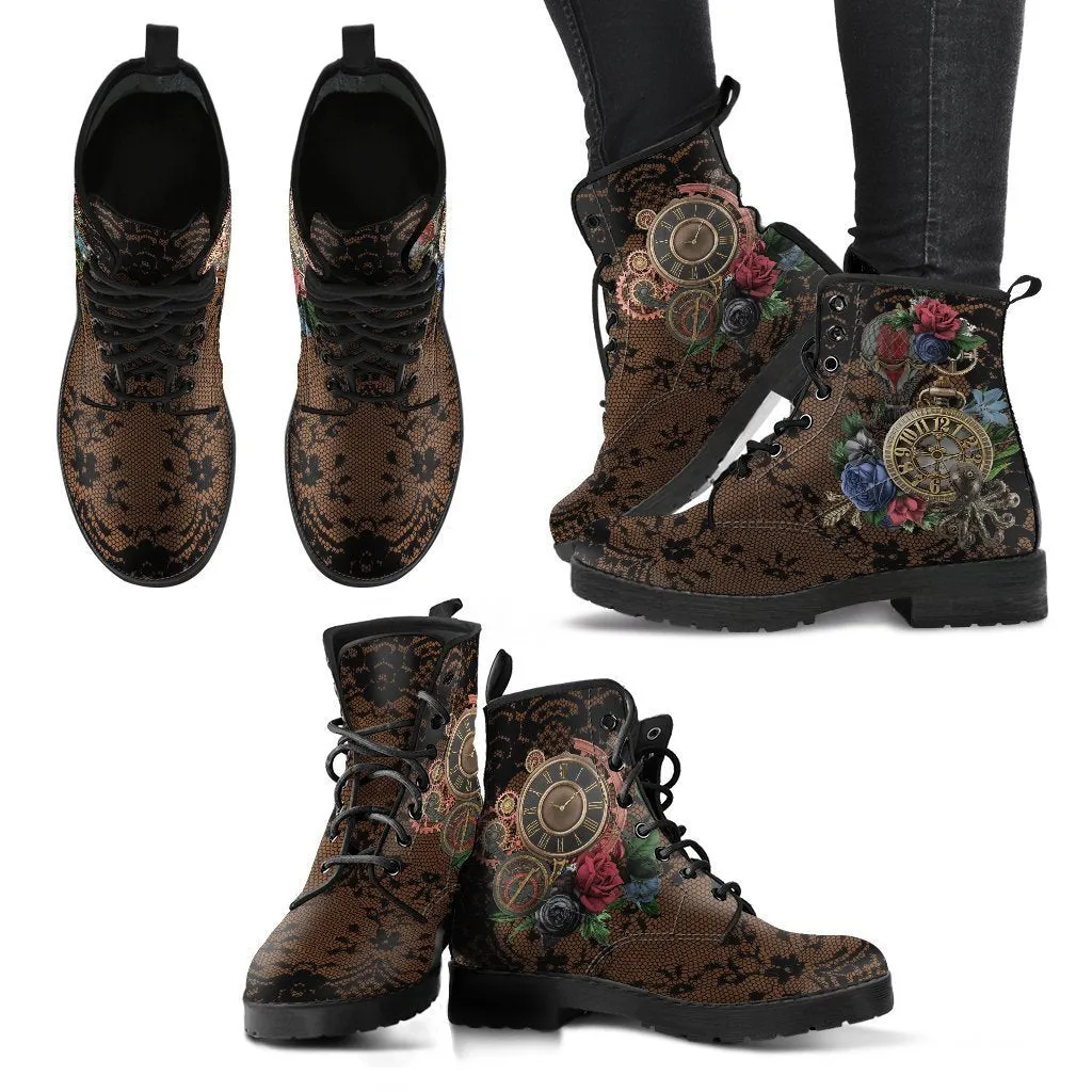 Combat Boots - Steampunk Inspired Design #13 with Black Lace Print | Brown Lace Up Boots, Women's Boots, Custom Shoes, Vegan Shoes