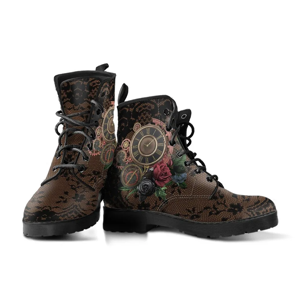 Combat Boots - Steampunk Inspired Design #13 with Black Lace Print | Brown Lace Up Boots, Women's Boots, Custom Shoes, Vegan Shoes