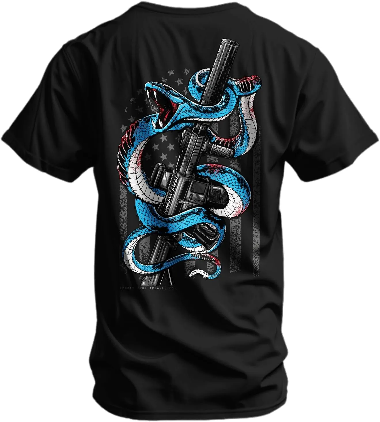 Combat Iron Men's Graphic T-Shirt | Subdued USA Flag SBR Snake Rifle | Cotton-Poly Blend | Athletic Fit, Tagless Comfort