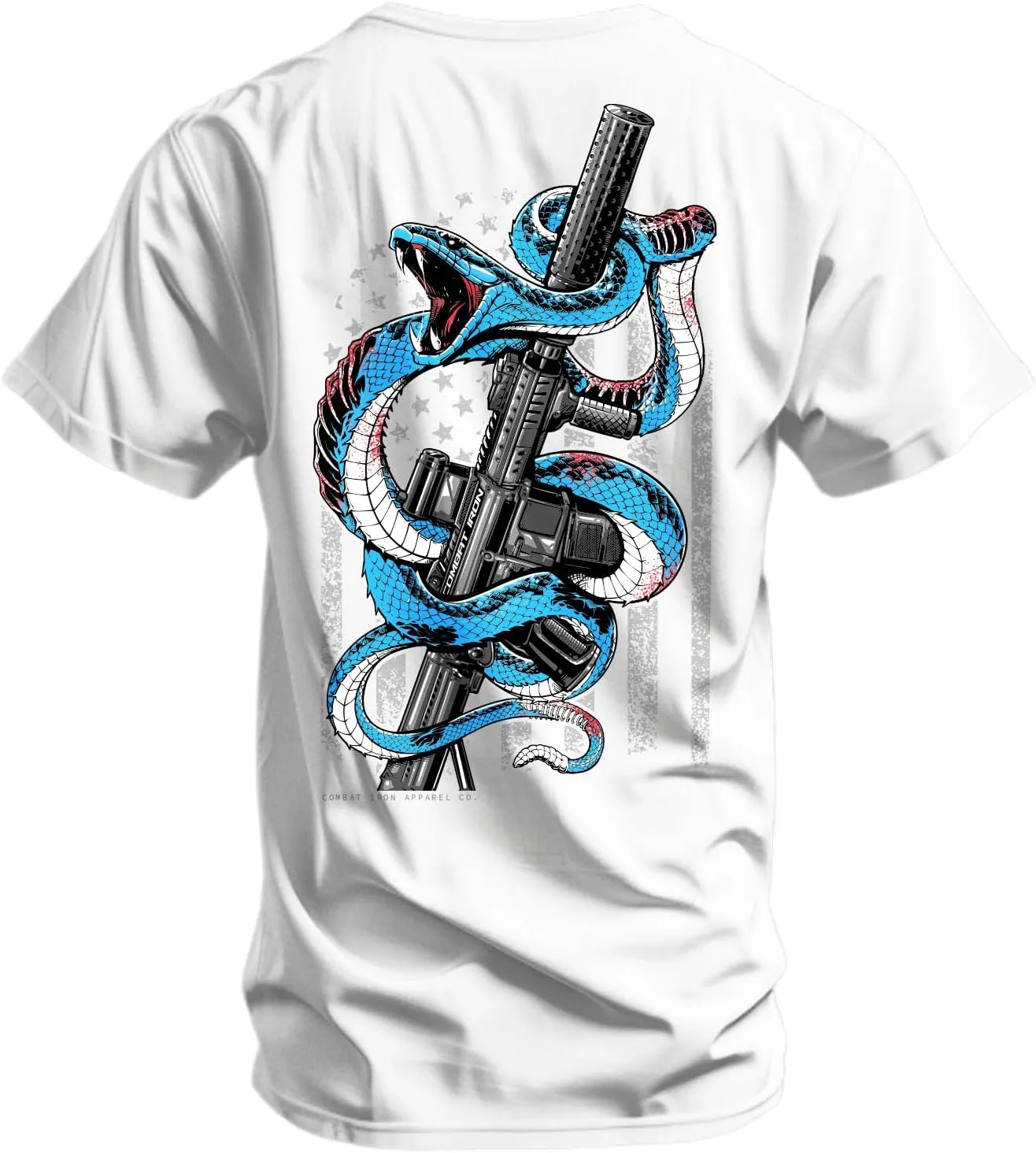 Combat Iron Men's Graphic T-Shirt | Subdued USA Flag SBR Snake Rifle | Cotton-Poly Blend | Athletic Fit, Tagless Comfort