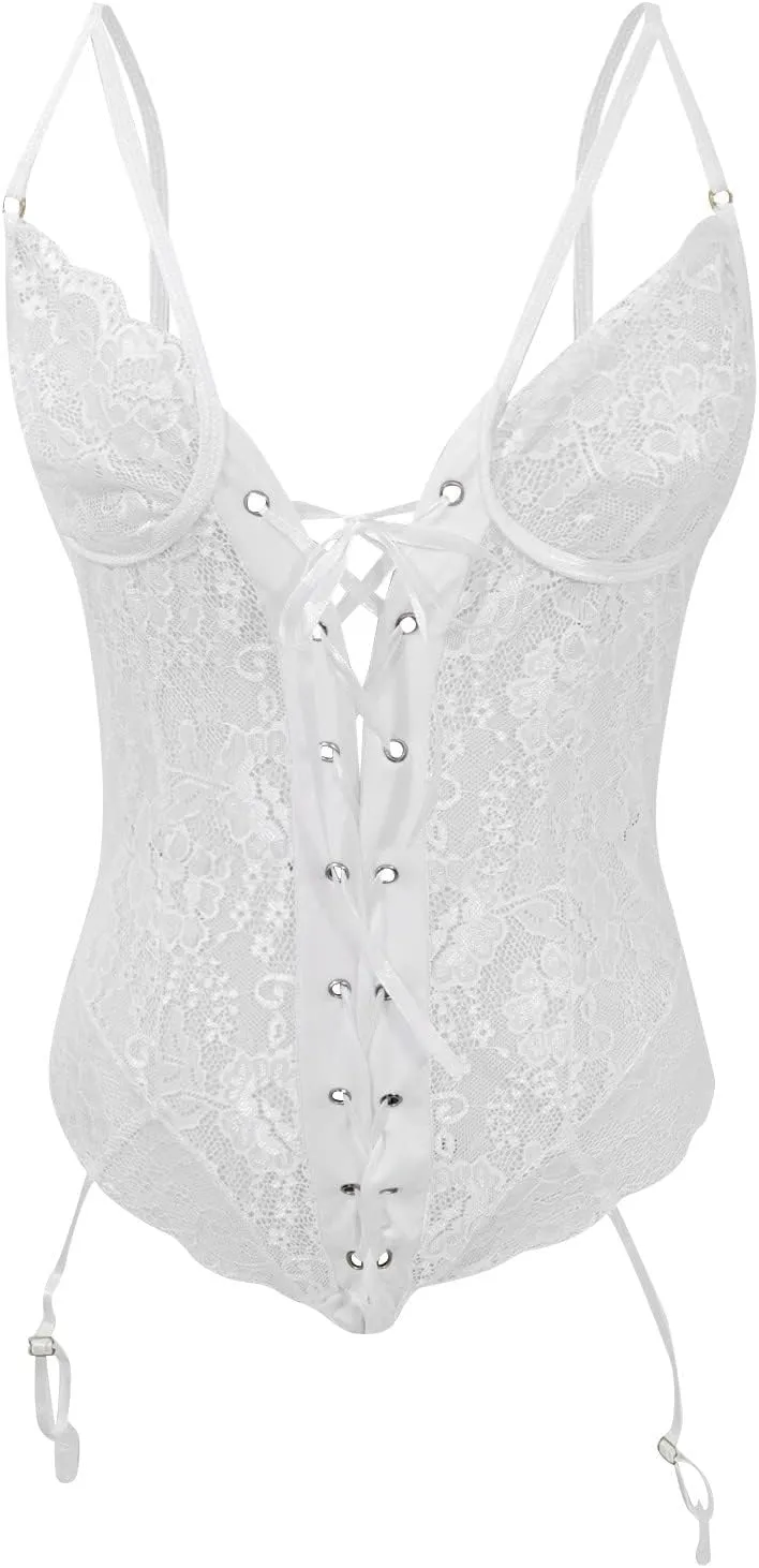 Corset Lingerie Women's Sheer Mesh Lingerie Set,Lace Babydoll with Matching Thong,Elegant Design
