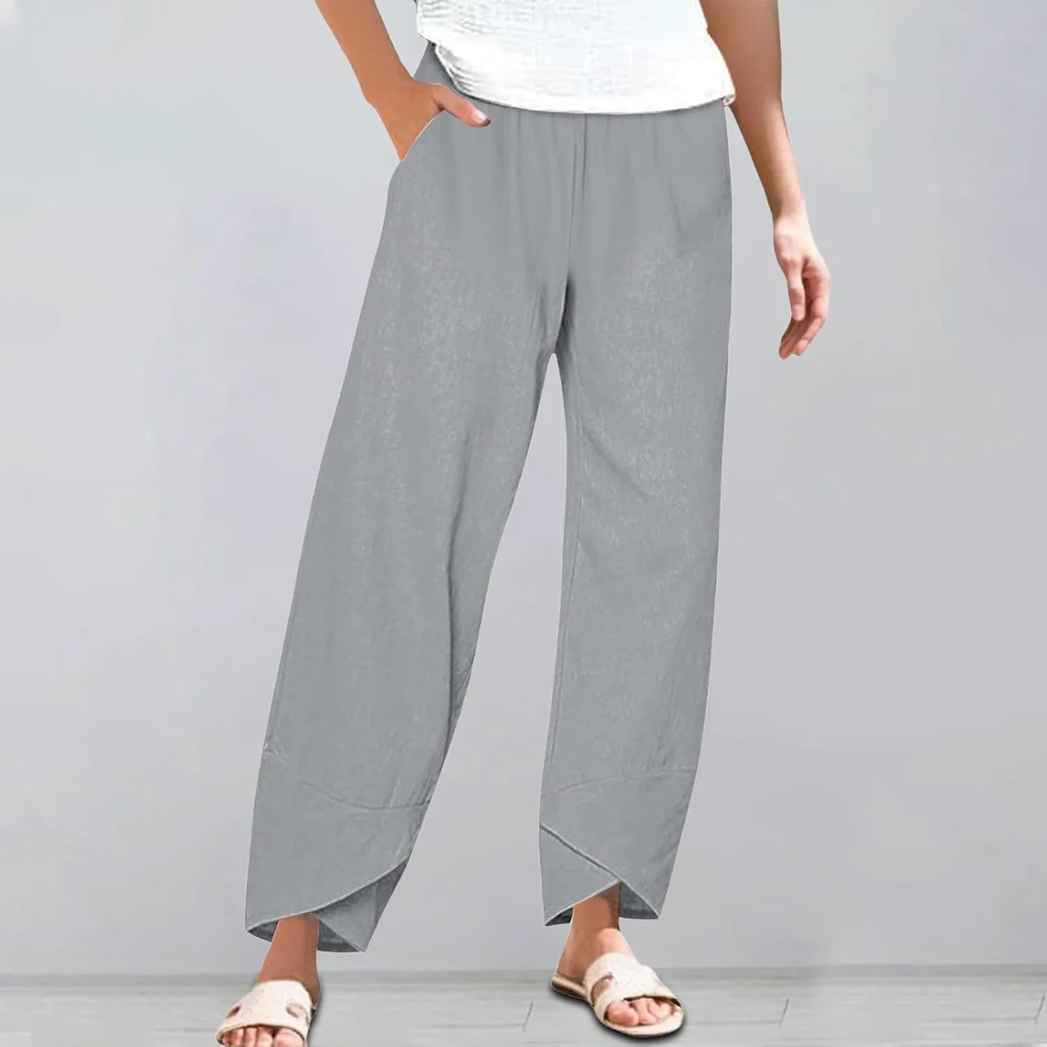 Cotton Linen Pants for Women Summer Plus Size Boho Pants Lightweight Hight Waist Vacation Beach Trousers with Pockets