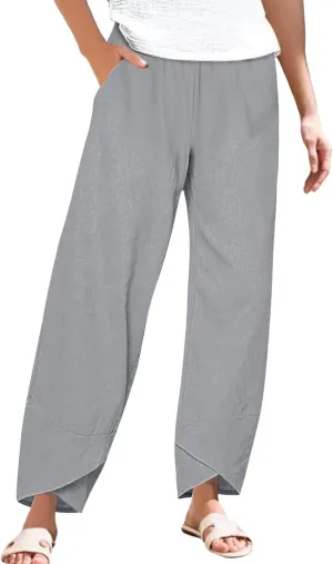 Cotton Linen Pants for Women Summer Plus Size Boho Pants Lightweight Hight Waist Vacation Beach Trousers with Pockets