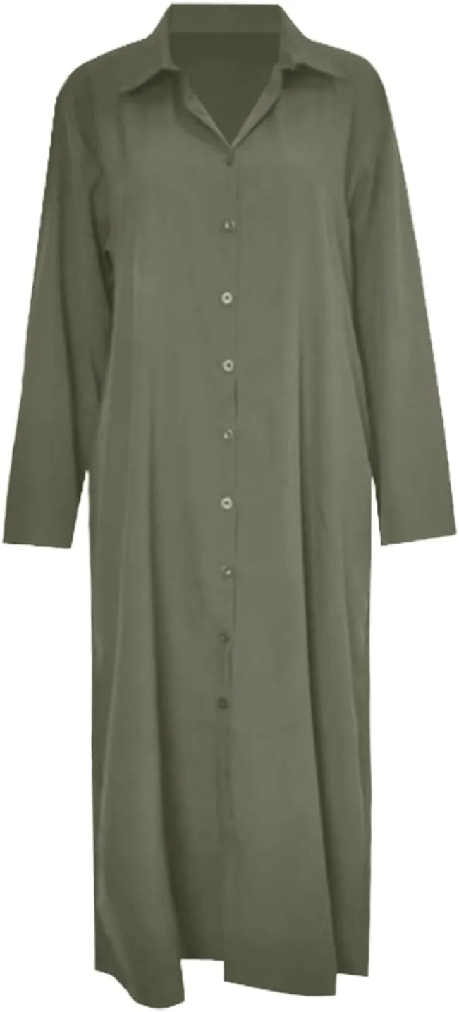 Cotton Linen Shirt Dresses for Women 2024 Casual Long Sleeve Button Down Maxi Dress Lapel Outdoor Swing Sundress