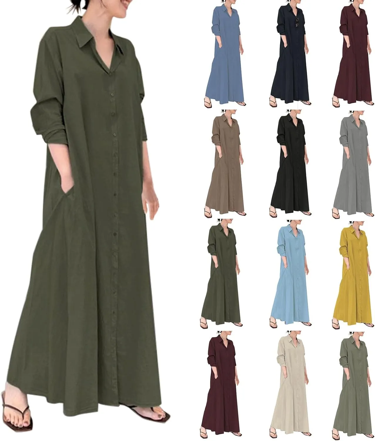 Cotton Linen Shirt Dresses for Women 2024 Casual Long Sleeve Button Down Maxi Dress Lapel Outdoor Swing Sundress