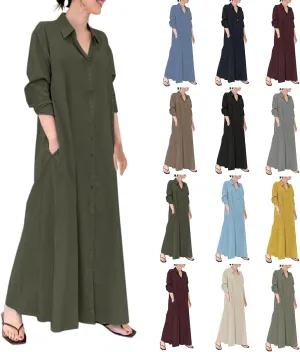 Cotton Linen Shirt Dresses for Women 2024 Casual Long Sleeve Button Down Maxi Dress Lapel Outdoor Swing Sundress