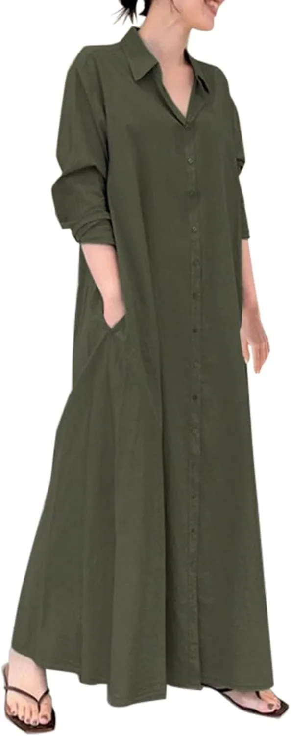 Cotton Linen Shirt Dresses for Women 2024 Casual Long Sleeve Button Down Maxi Dress Lapel Outdoor Swing Sundress