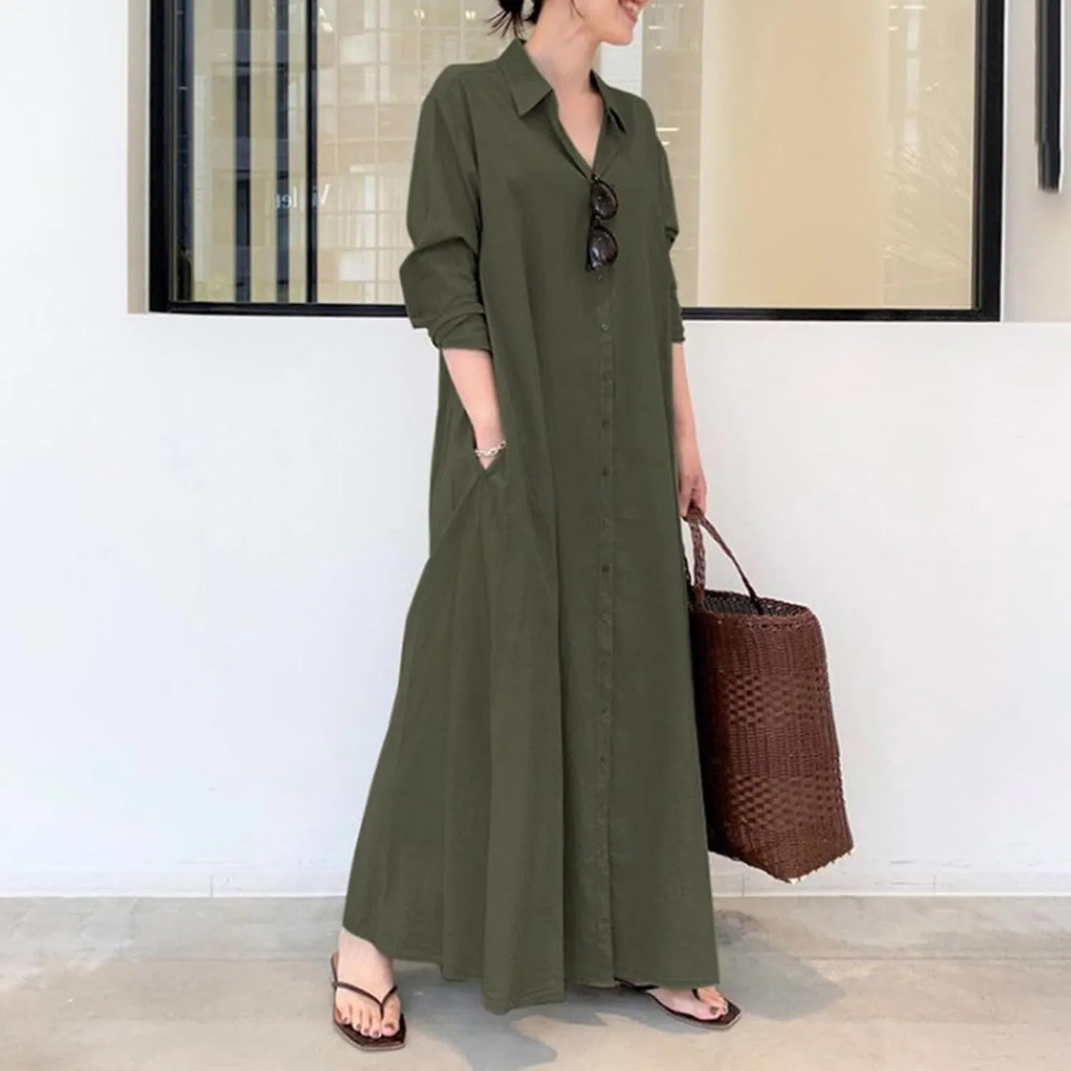 Cotton Linen Shirt Dresses for Women 2024 Casual Long Sleeve Button Down Maxi Dress Lapel Outdoor Swing Sundress