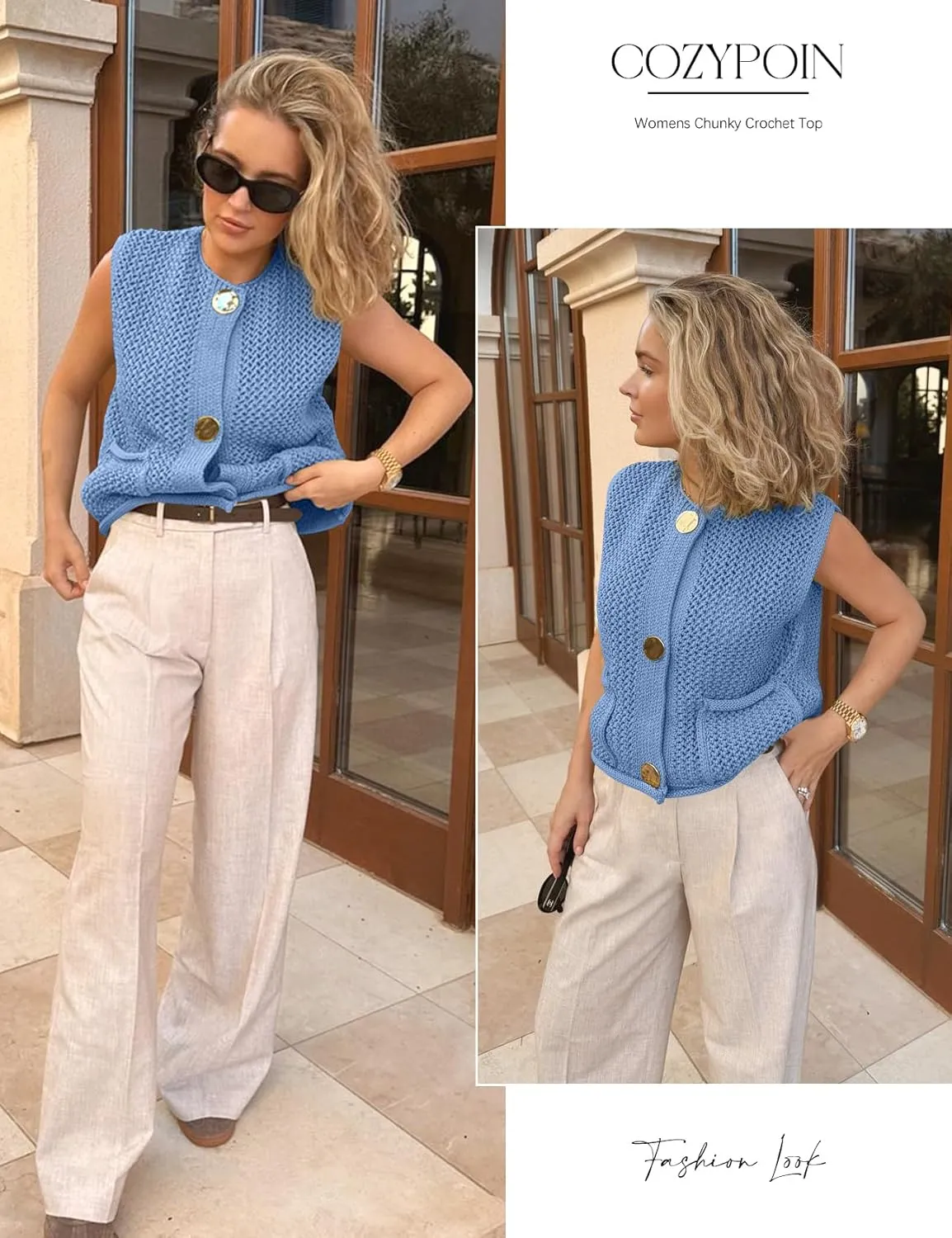 COZYPOIN Women's Sweaters Vest 2025 Button Down Sleeveless Chunky Cropped Knit Cardigan Crochet Tank Tops with Pockets