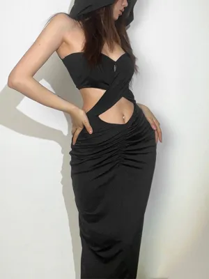 Criss Cross Hooded Cutout Black Maxi Dresses