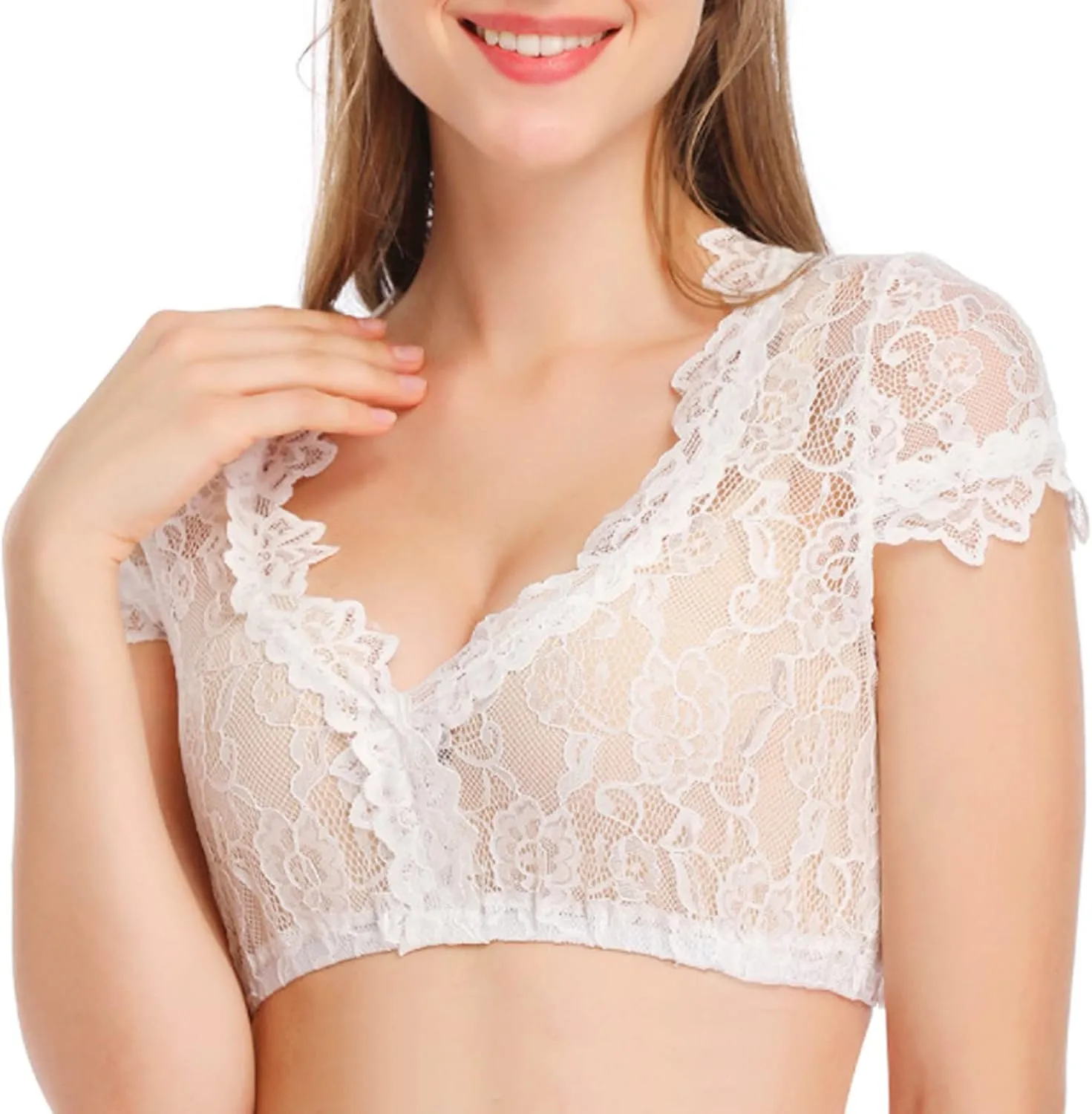 Crop Tops for Women Sexy Sheer Mesh Floral Lace Dirndl Blouse Breathable h Deep V Neck Beachwear Summer Short