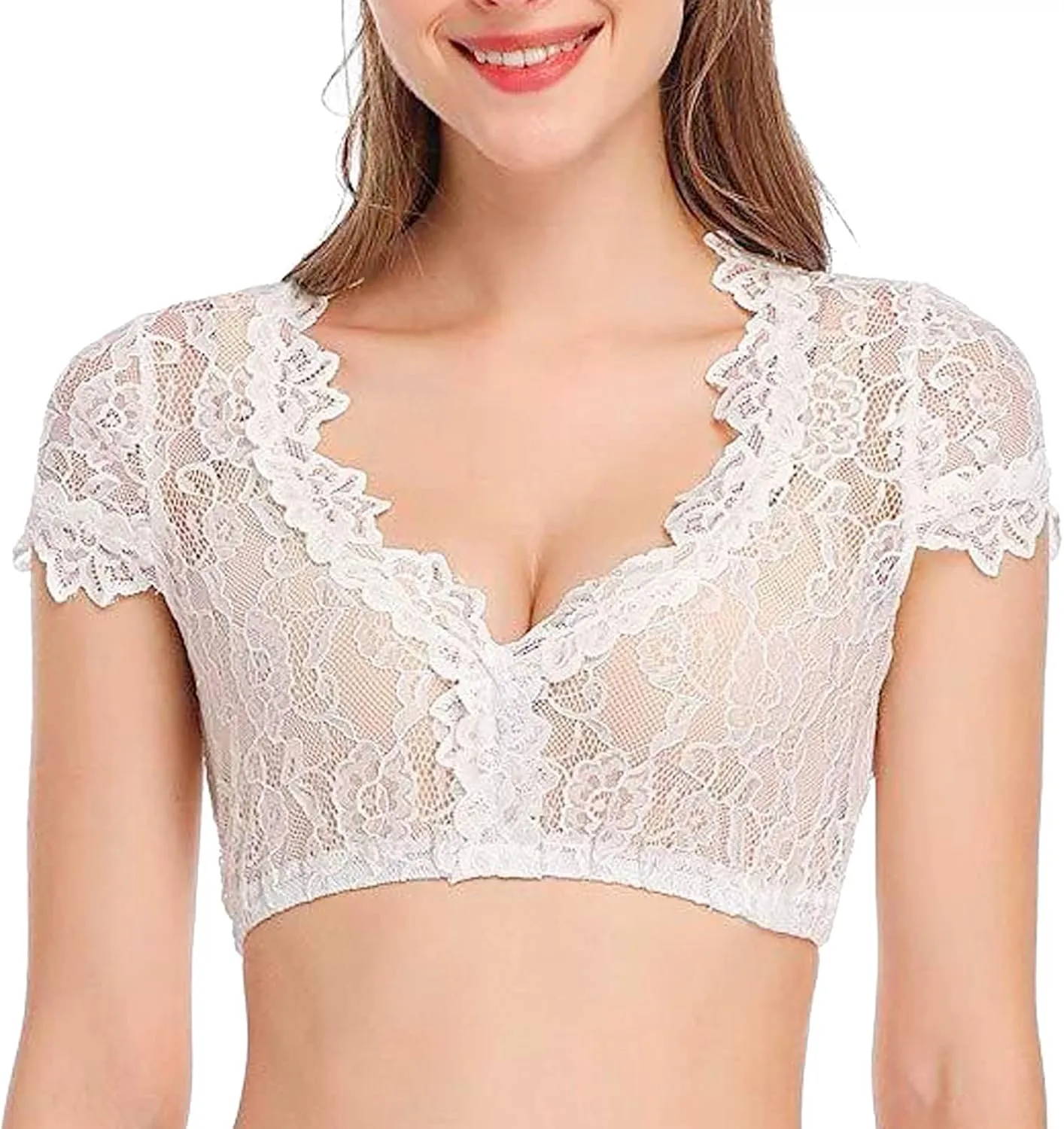 Crop Tops for Women Sexy Sheer Mesh Floral Lace Dirndl Blouse Breathable h Deep V Neck Beachwear Summer Short