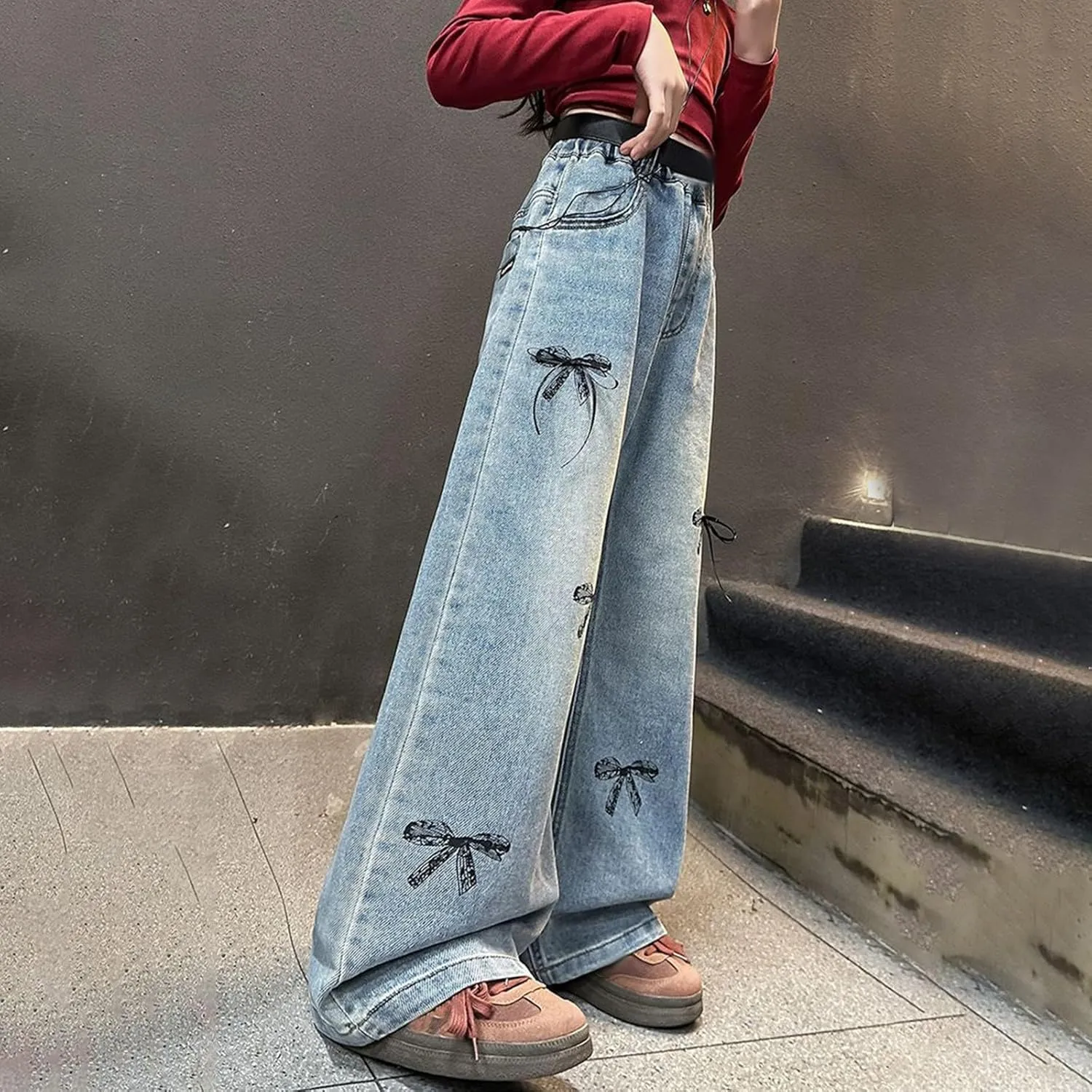 Cute Baggy Jeans for Teen Girls Wide Leg Jeans Elastic Waist Denim Pants Y2K Hip Hop Streetwear Kids Distressed Jeans