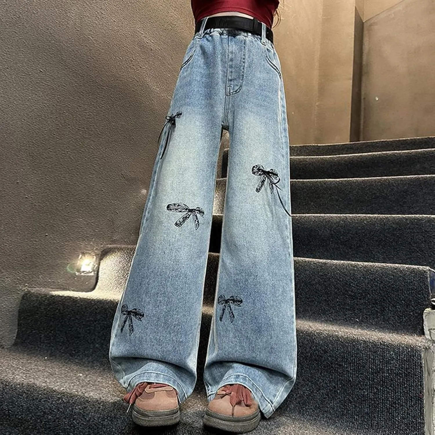 Cute Baggy Jeans for Teen Girls Wide Leg Jeans Elastic Waist Denim Pants Y2K Hip Hop Streetwear Kids Distressed Jeans