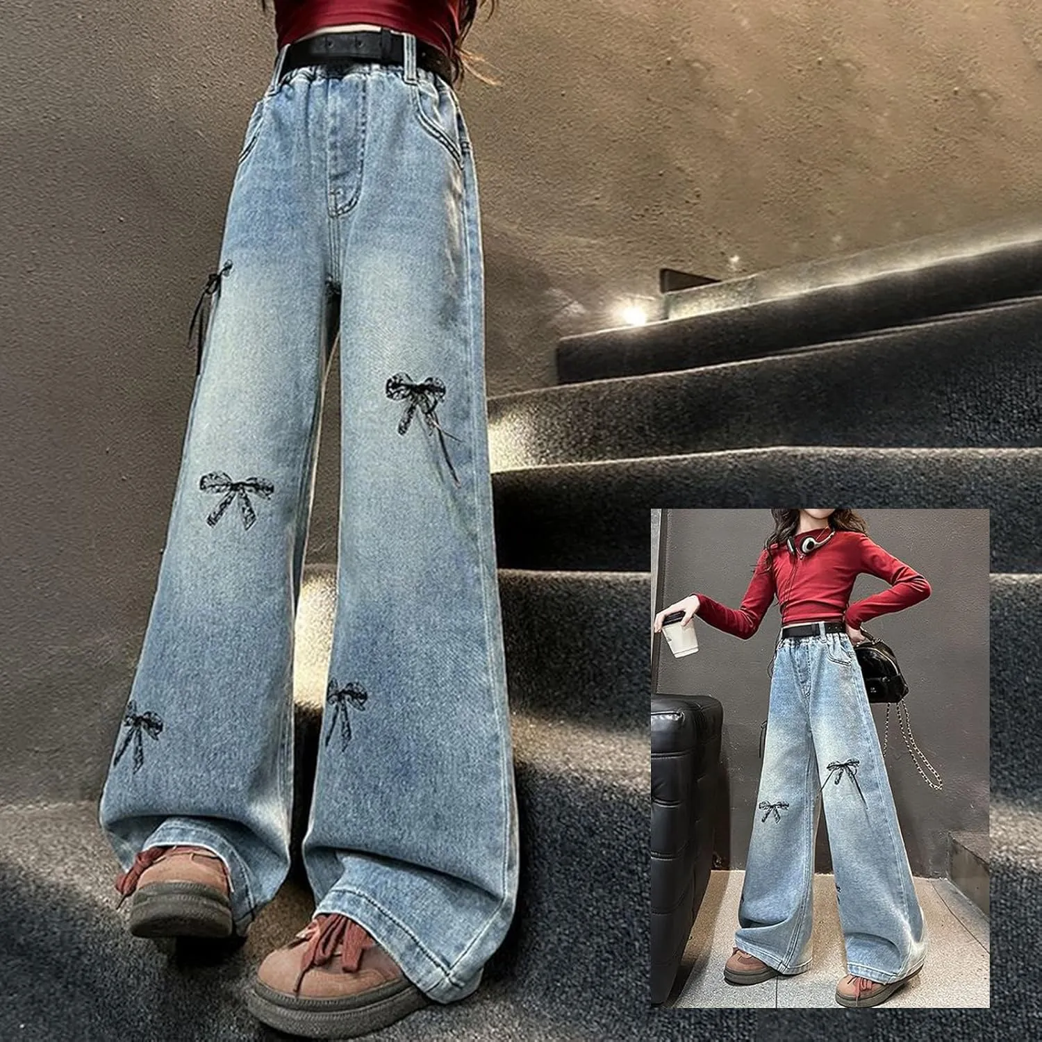 Cute Baggy Jeans for Teen Girls Wide Leg Jeans Elastic Waist Denim Pants Y2K Hip Hop Streetwear Kids Distressed Jeans