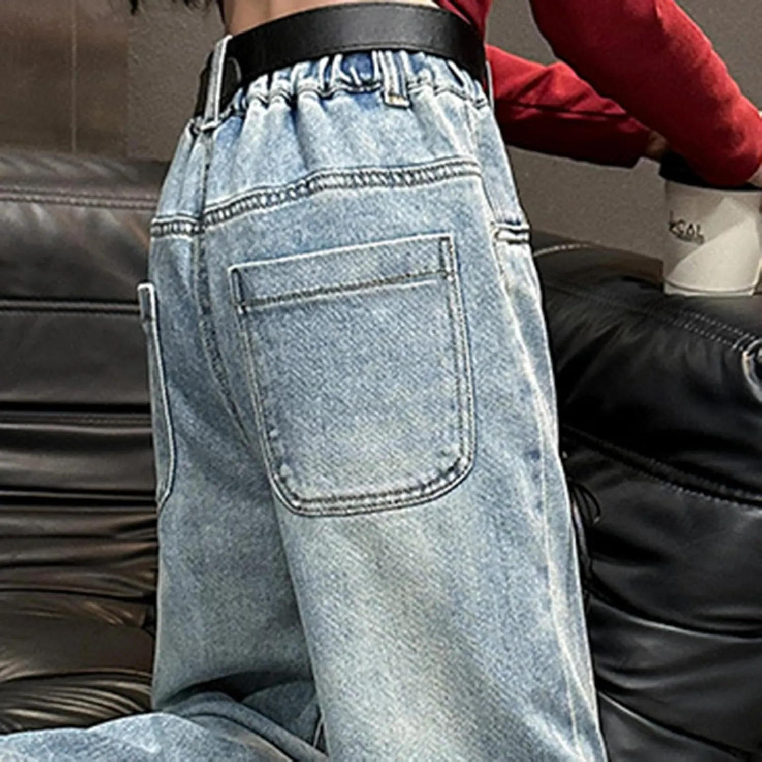 Cute Baggy Jeans for Teen Girls Wide Leg Jeans Elastic Waist Denim Pants Y2K Hip Hop Streetwear Kids Distressed Jeans