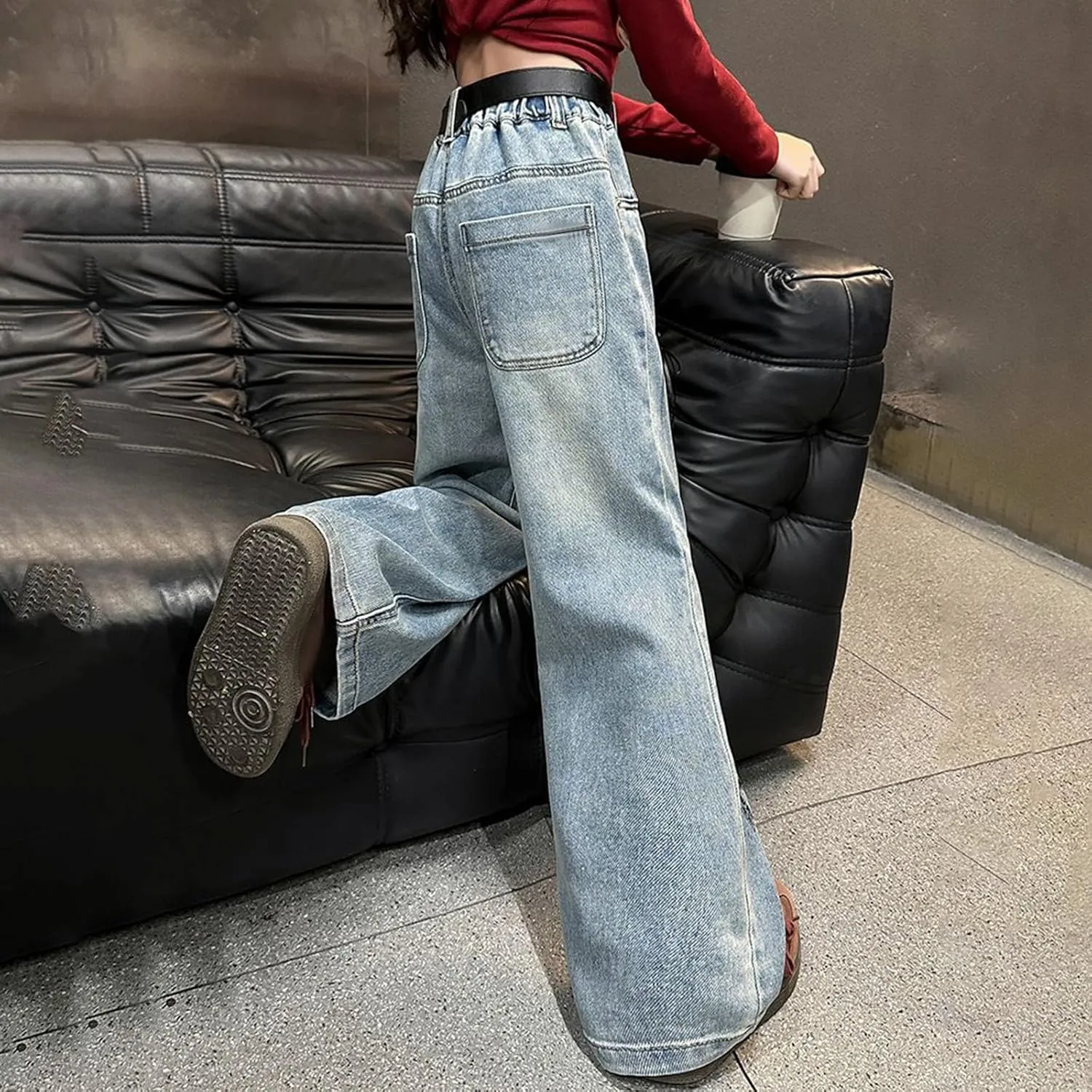 Cute Baggy Jeans for Teen Girls Wide Leg Jeans Elastic Waist Denim Pants Y2K Hip Hop Streetwear Kids Distressed Jeans