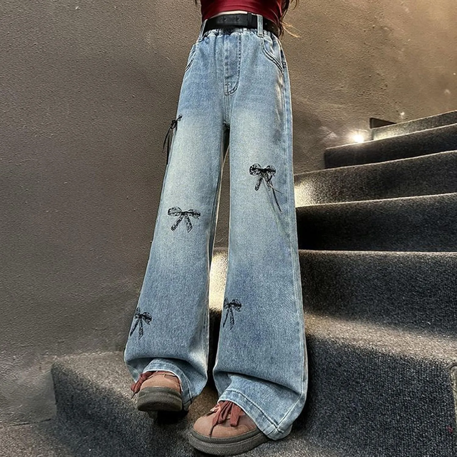 Cute Baggy Jeans for Teen Girls Wide Leg Jeans Elastic Waist Denim Pants Y2K Hip Hop Streetwear Kids Distressed Jeans