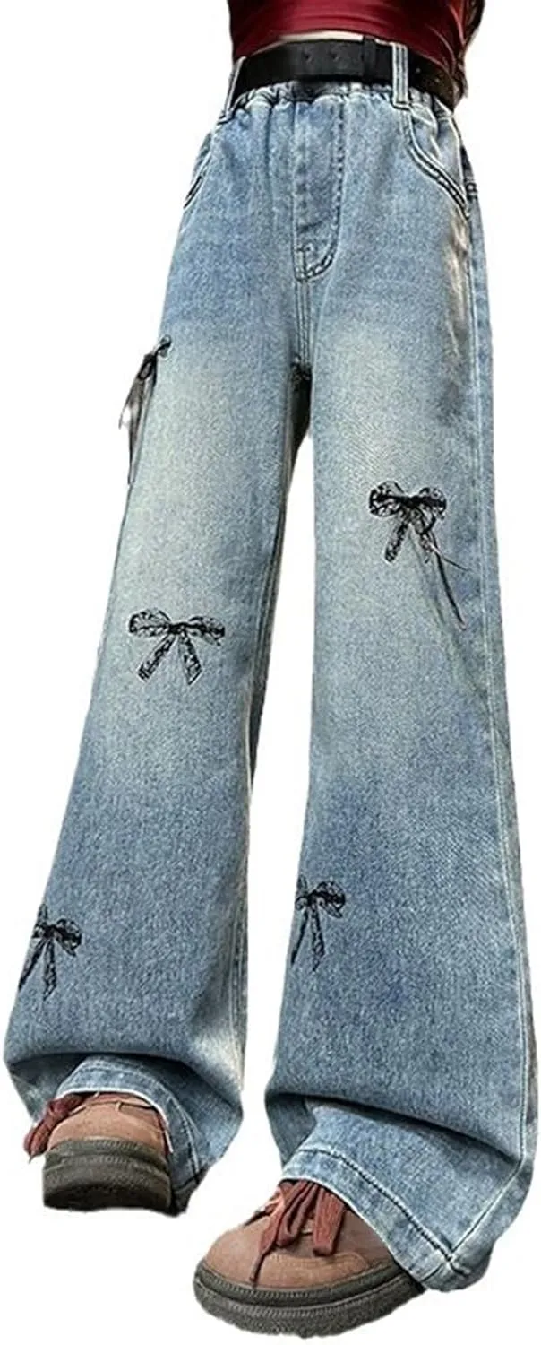 Cute Baggy Jeans for Teen Girls Wide Leg Jeans Elastic Waist Denim Pants Y2K Hip Hop Streetwear Kids Distressed Jeans