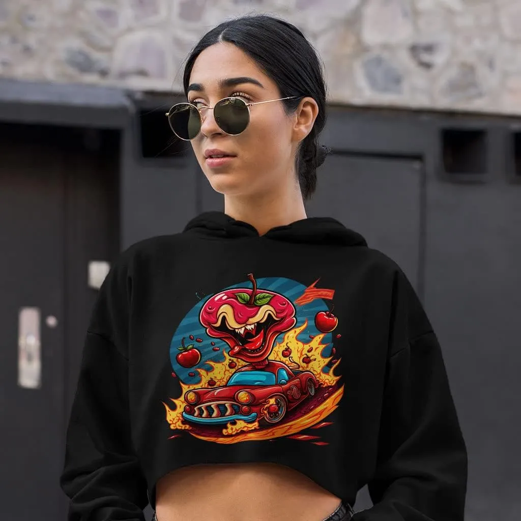 Cute Monster Women's Cropped Fleece Hoodie - Racer Cropped Hoodie for Women - Cherry Hooded Sweatshirt