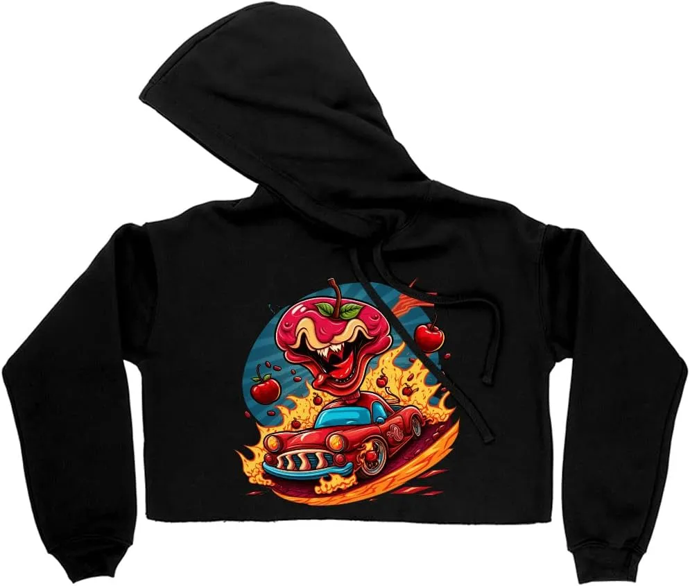 Cute Monster Women's Cropped Fleece Hoodie - Racer Cropped Hoodie for Women - Cherry Hooded Sweatshirt