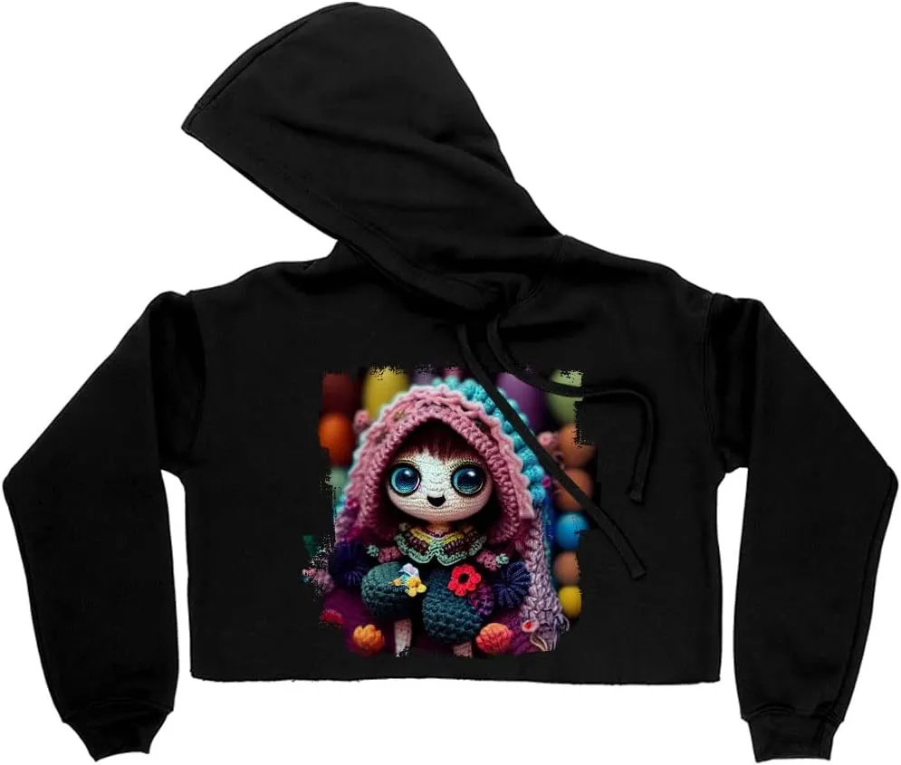 Cute Women's Cropped Fleece Hoodie - Doll Cropped Hoodie for Women - Printed Hooded Sweatshirt