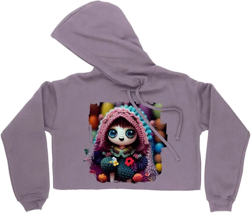 Cute Women's Cropped Fleece Hoodie - Doll Cropped Hoodie for Women - Printed Hooded Sweatshirt