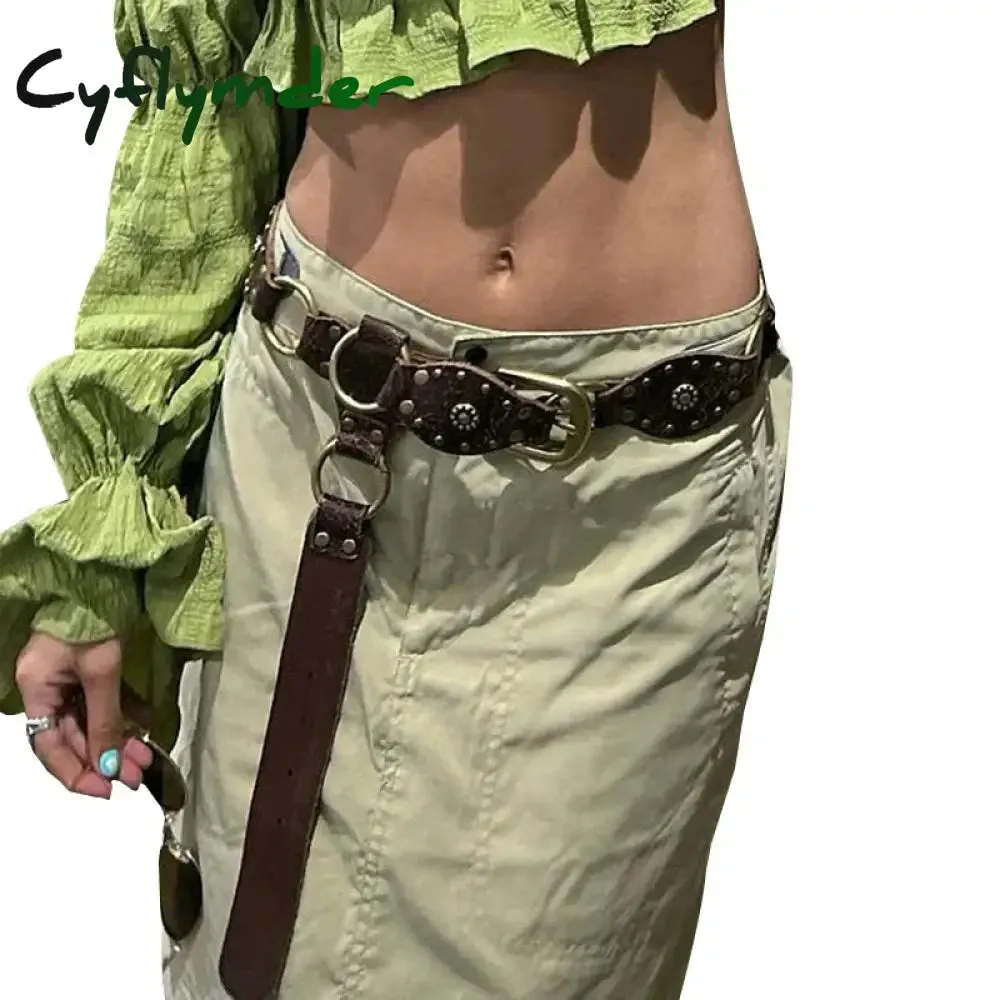 Cyflymder Cottage Vintage Heart Shape Belts Women PU Leather Adjustable Brown Sashes Y2K Grunge Rivet Hollow Out Accessaries