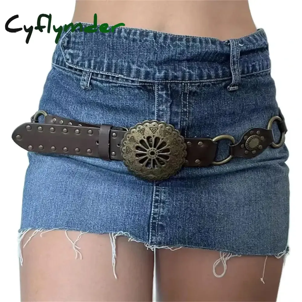 Cyflymder Cottage Vintage Heart Shape Belts Women PU Leather Adjustable Brown Sashes Y2K Grunge Rivet Hollow Out Accessaries