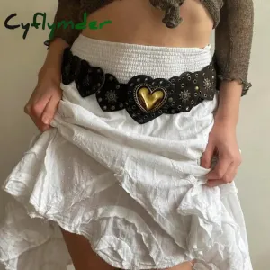 Cyflymder Cottage Vintage Heart Shape Belts Women PU Leather Adjustable Brown Sashes Y2K Grunge Rivet Hollow Out Accessaries