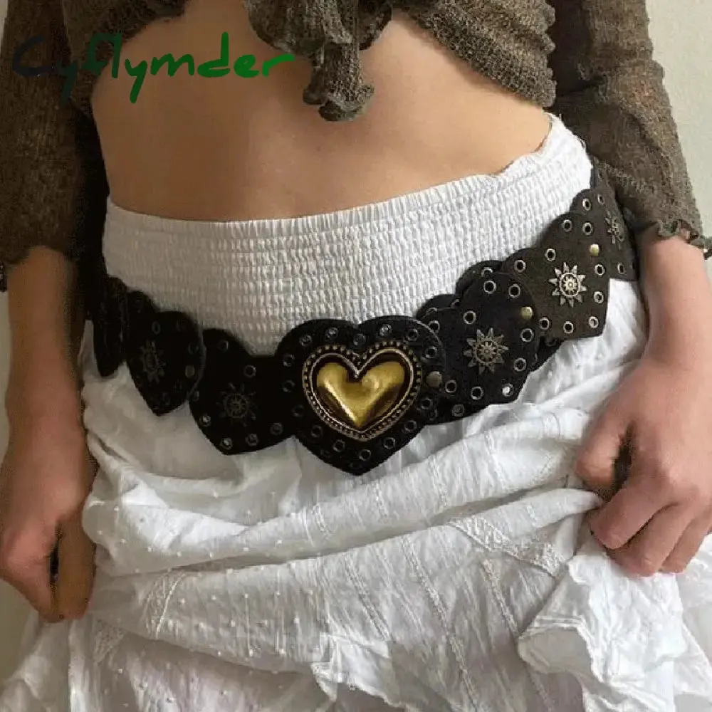 Cyflymder Cottage Vintage Heart Shape Belts Women PU Leather Adjustable Brown Sashes Y2K Grunge Rivet Hollow Out Accessaries