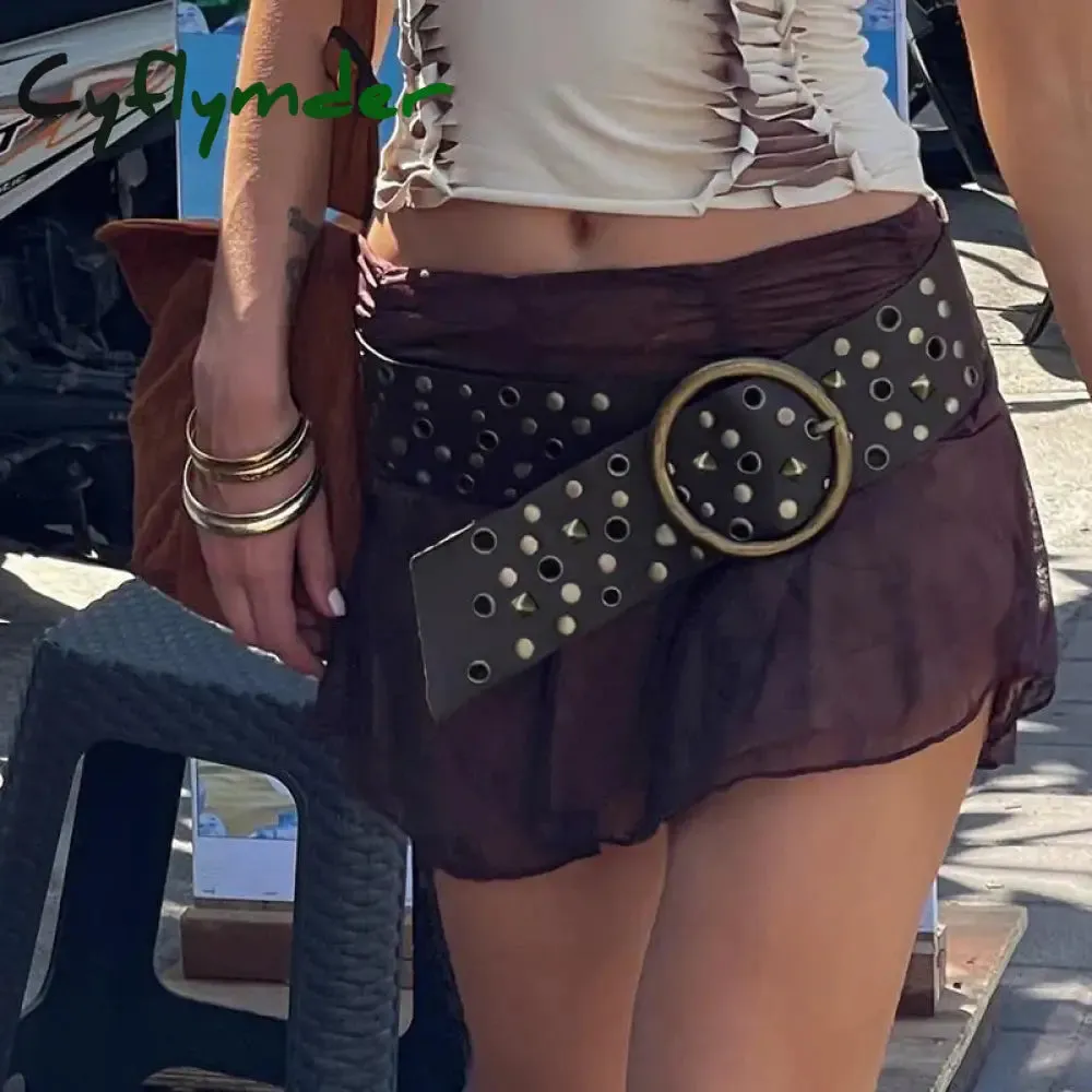 Cyflymder Cottage Vintage Heart Shape Belts Women PU Leather Adjustable Brown Sashes Y2K Grunge Rivet Hollow Out Accessaries
