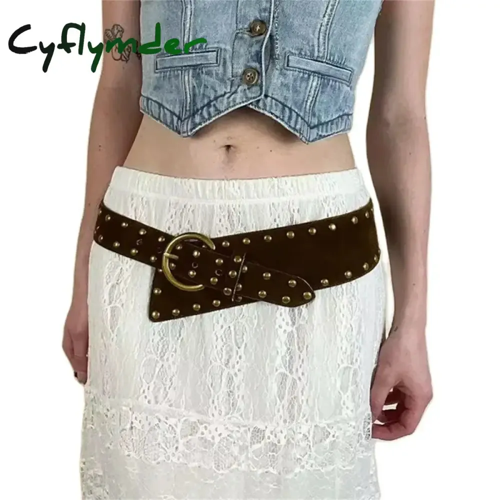 Cyflymder Cottage Vintage Heart Shape Belts Women PU Leather Adjustable Brown Sashes Y2K Grunge Rivet Hollow Out Accessaries