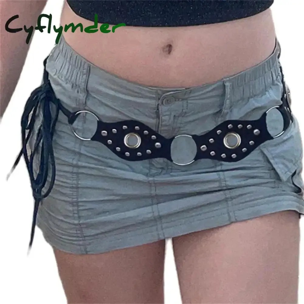 Cyflymder Cottage Vintage Heart Shape Belts Women PU Leather Adjustable Brown Sashes Y2K Grunge Rivet Hollow Out Accessaries