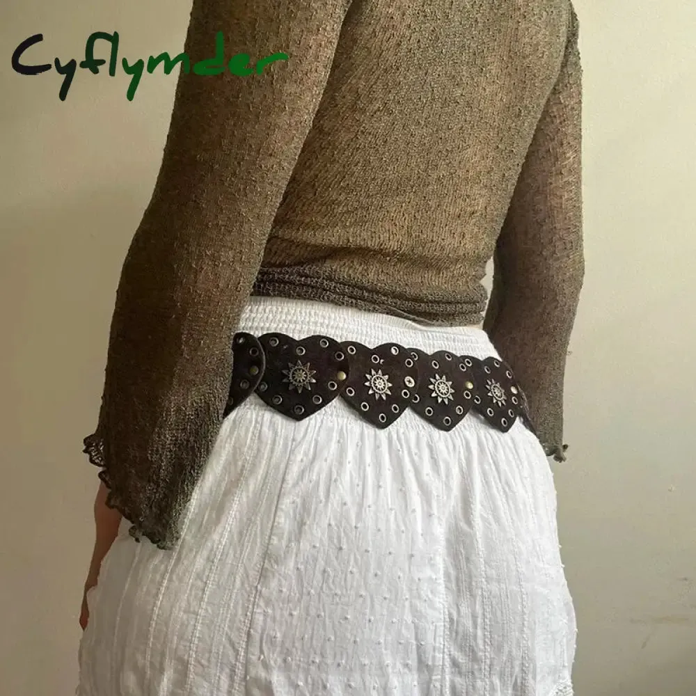 Cyflymder Cottage Vintage Heart Shape Belts Women PU Leather Adjustable Brown Sashes Y2K Grunge Rivet Hollow Out Accessaries
